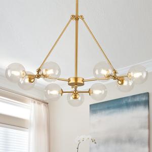 9-Light Sputnik Chandelier, Modern Mid Century Gold Ceiling Lighting Fixtures Clear Glass Globes Chandelier for Dining Room Living Room