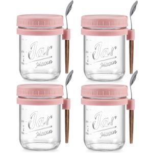 LANDNEOO 4 Pack Overnight Oats Containers with Lids and Spoons, 16 oz Glass Mason Jars with Airtight Lids, Overnight Oats Jars for Milk, Cereal, Fruit-Pink