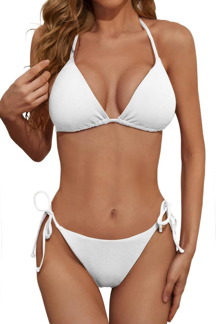 Women's Two Piece Bikini Swimsuit Sexy Ribbed Triangle Top Bathing Suits String Cheeky Bikini Sets (Large, White)
