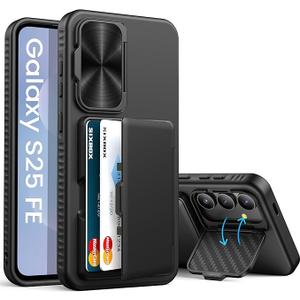 SIXBOX for Samsung Galaxy S25 FE Case Wallet with 2X Screen Protector, Builtin Stand & Card Holder & Camera Cover, Full Body Protective Rugged Multifunctional Kickstand Phone Case for S25 FE, Black