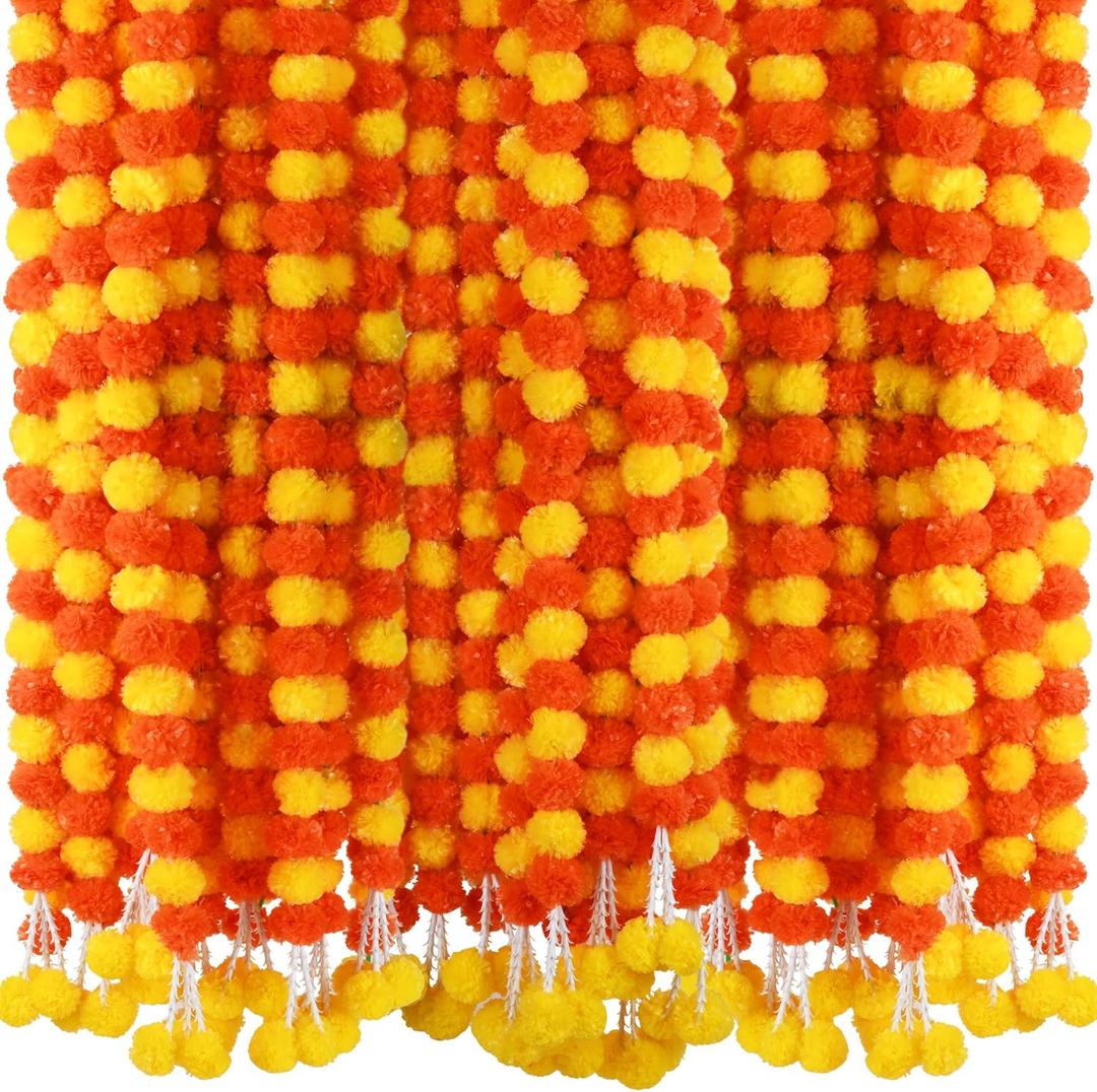 6 Pcs 5 Feet Long Strands Marigold Flowers Garland with Pendant Indian Wedding Decoration Artificial Decorations for Altar Faux Flower for Diwali, Pooja, Bush Floral Party (Dark Orange, Yellow)