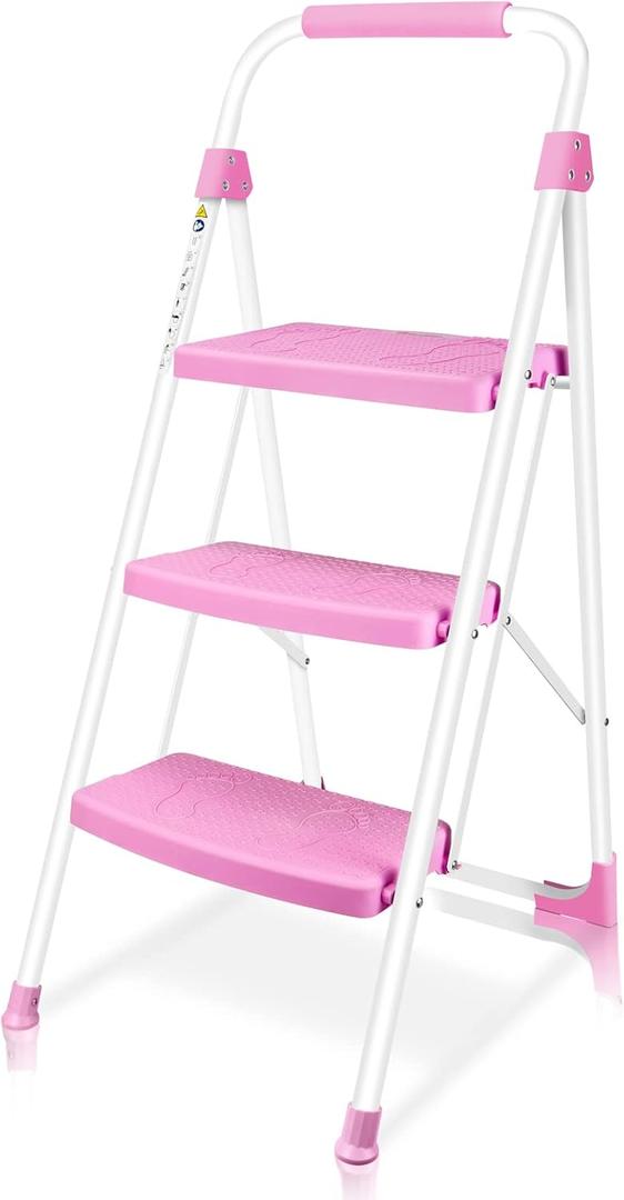3 Step Ladder, Portable Folding Step Stool with Wide Anti-Slip Pedal, 500lbs Sturdy Steel Ladder, Convenient Handgrip, Lightweight for Household, Kitchen, Office (Pink)