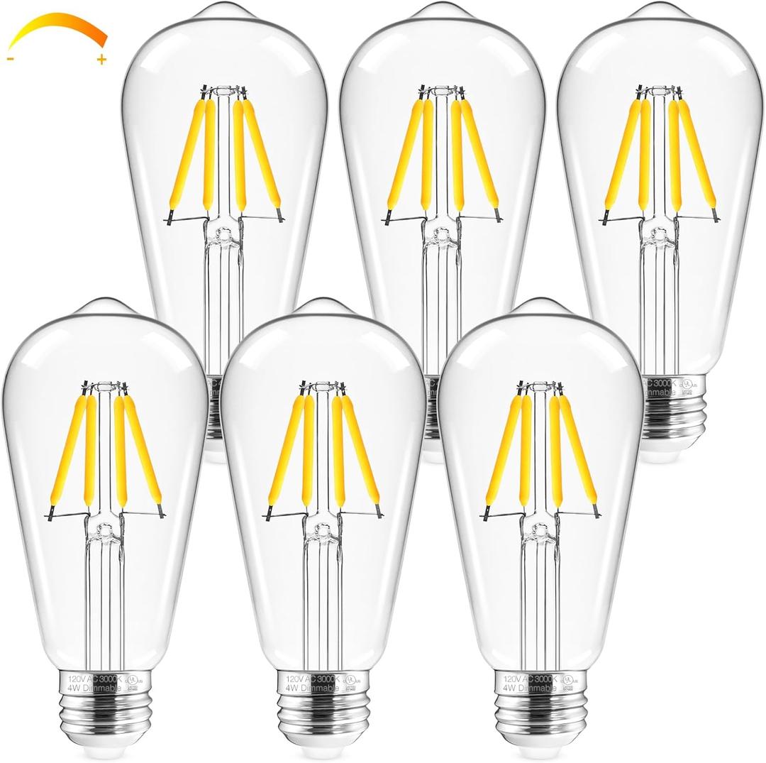 Hizashi LED Edison Bulbs, 4W, Equivalent 40W, Dimmable E26 LED Bulb, 3000K Soft White, 95+ CRI 450 Lumens, ST19 Vintage Light Bulbs, Clear Glass, Pack of 6