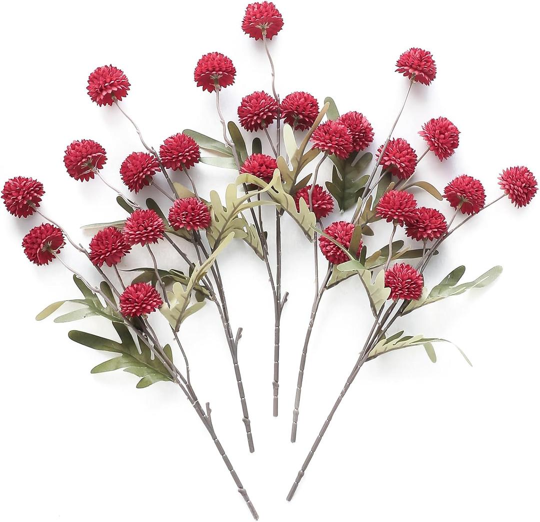 Floroom 5pcs Faux Silk Pompon Mum Artificial Flowers, Bulk Fake Mini Chrysanthemums with Stems for DIY Bouquet Centerpieces Wedding Fillers Arrangements Shower Decorations, Dark Red