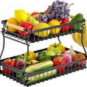 2 Tier Fruit Basket with 4 Banana Hangers, Premium Detachable Fruit Bowl for Kitchen Counter, Large Capacity Fruit Holder Stand Countertop Organizer for Bread Snack Produce Storage