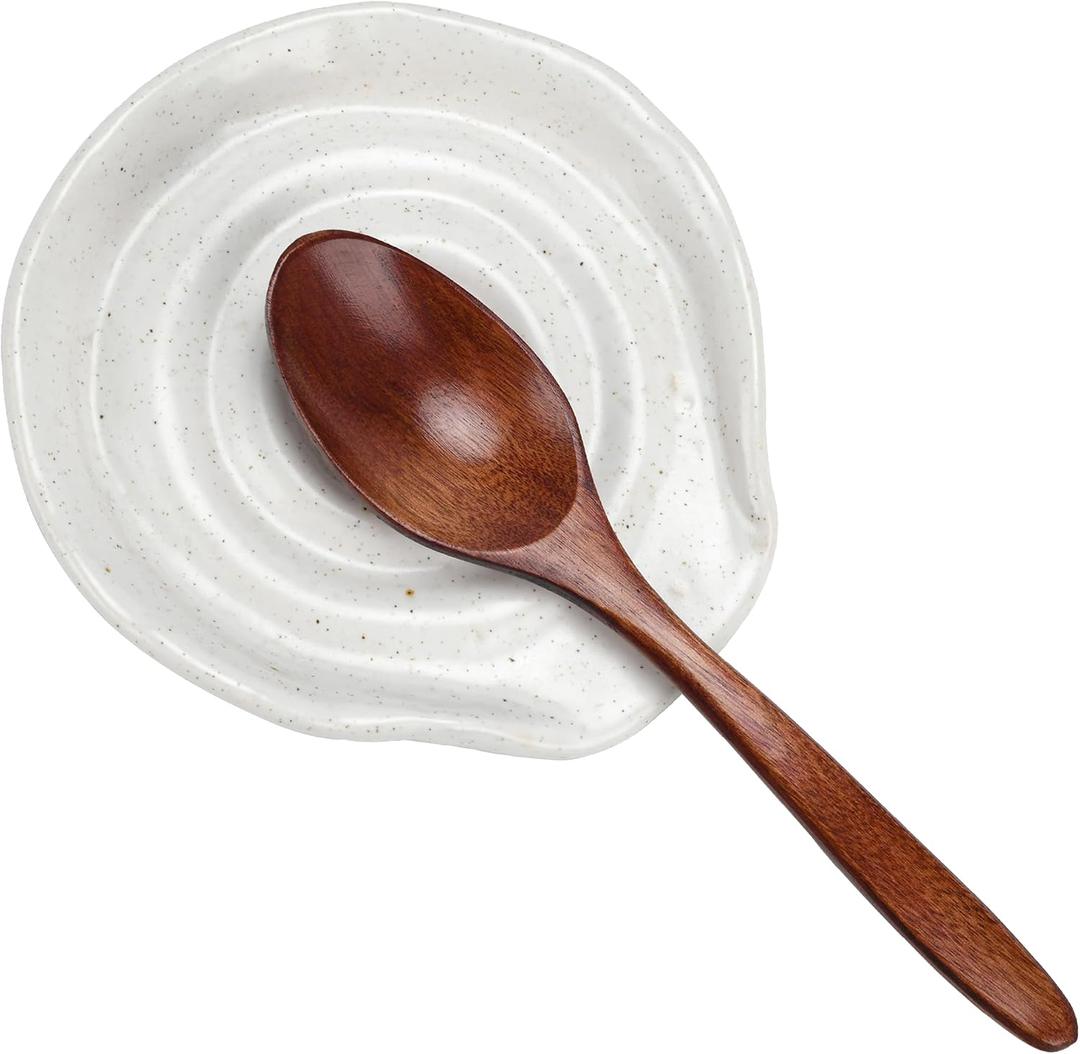 Ceramic Spoon Rest with Free Wooden Spoon, 5.1" Large Heat-Resistant Utensil Holder for Stove Top, Food-Grade Kitchen Counter Organizer for Spoons, Ladles, Pot Lids, Microwave & Dishwasher Safe, White