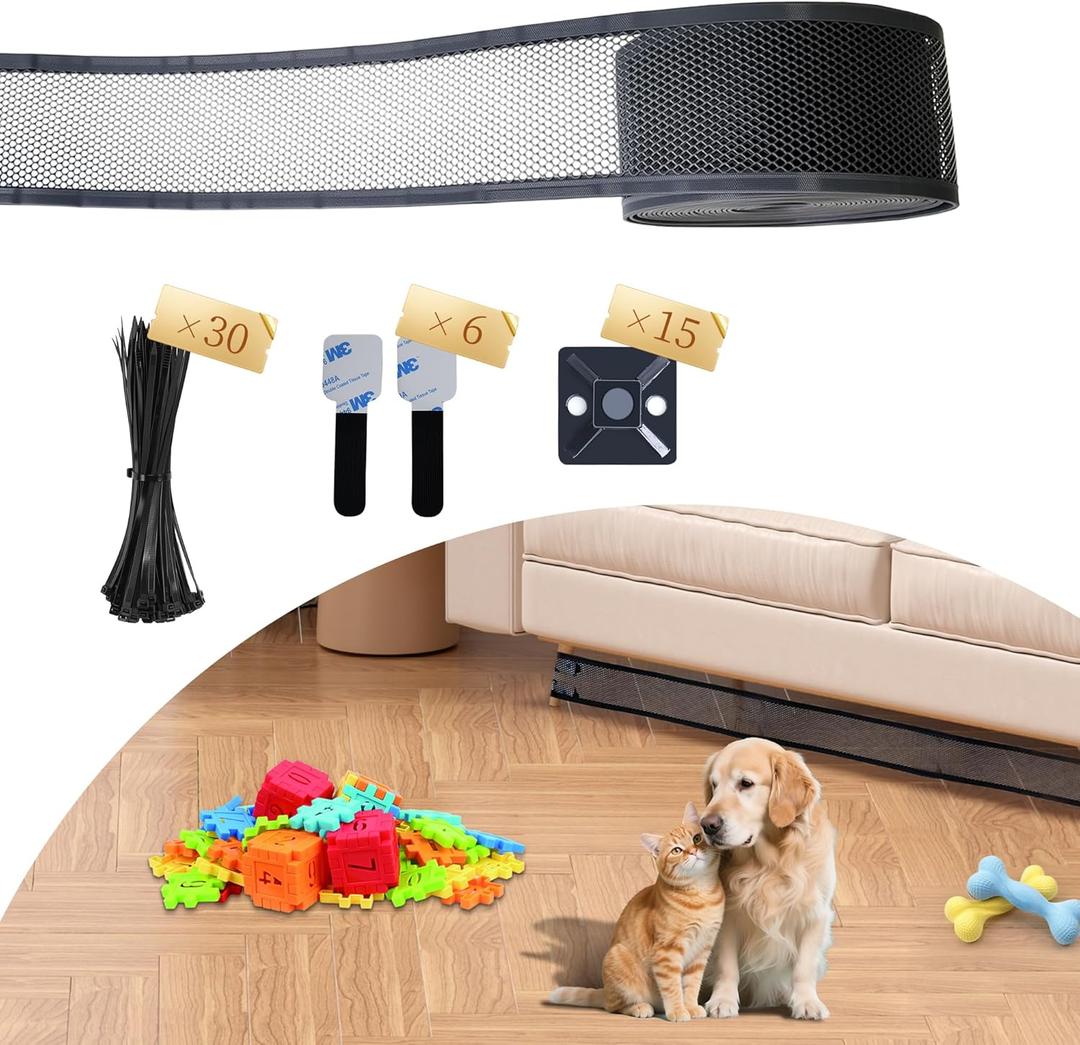 Under Couch Blocker, Under Sofa Blocker for Pets, Toy Blocker for Couch, Under Furniture Blocker with 6 Hook and Loops, Couch Accessories, 4 X 32.8FT(Black)