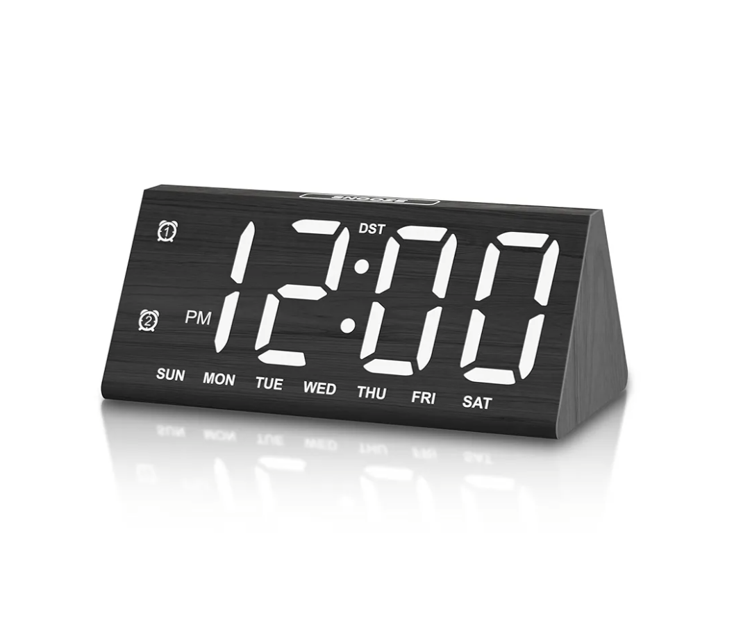 JALL Wooden Digital Alarm Clocks for Bedrooms, Large Bold Digits Electric Desk Clock, with Dual Alarm, USB Port, DST, Auto Dimmer for Wood Decor, Bedside, Gift (Black)