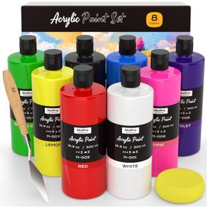 Nicpro 8 Colors Large Bulk Acrylic Paint Set(16.9 oz, 500 ml), Rich Pigments, Non Toxic Craft Paint for Multi Surface, Canvas, Wood, Leather, Ceramic, Fabric - Art Painting Supplies for Beginners, Artists & Adults