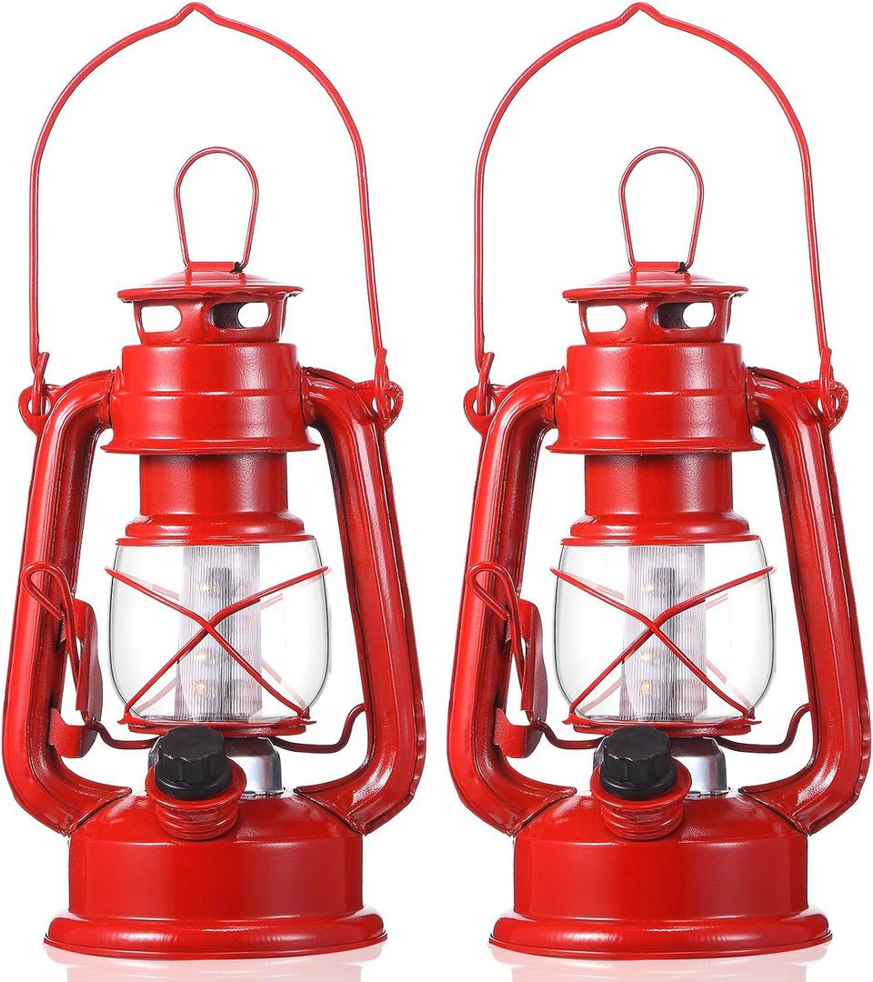 Hortsun 2 Pcs 8 Inch Vintage LED Hurricane Lantern Metal Red Outdoor Battery Operated Hanging Lantern with Warm LEDs and Dimmer Switch for Halloween Christmas Indoor Rustic Farmhouse Camping Decor