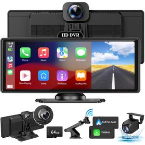 Wireless Apple Carplay Screen for Car with 4K Dash Cam, 10.26" Portable Apple Carplay & Android Auto, HD Touchscren with 1080p Backup Camera, Voice Control/Mirror Link/GPS/BT/FM