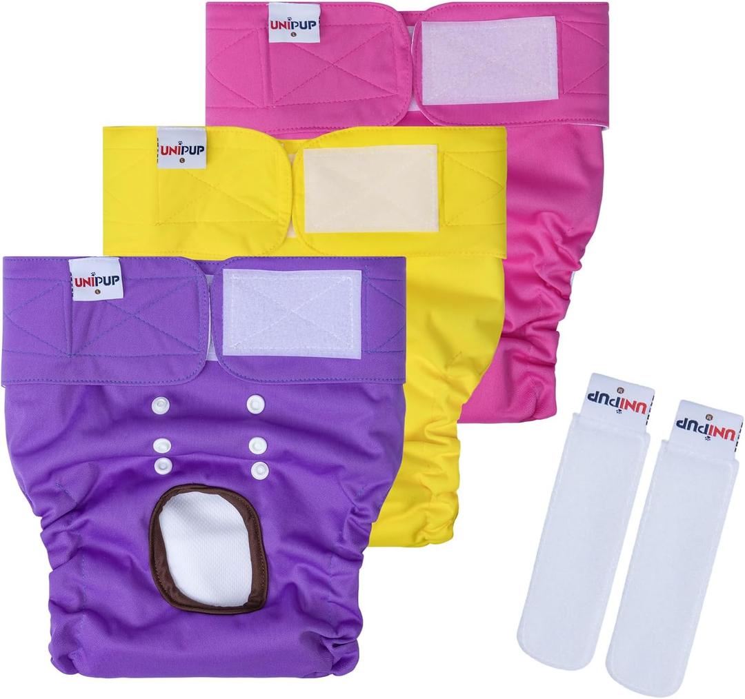 UNIPUP Reusable Female Dog Diapers Period Panties Washable Puppy Pee Pads with Adjustable Strap for Large Dogs in Heat and Incontinence, Large  (Black, Purple, Pink)