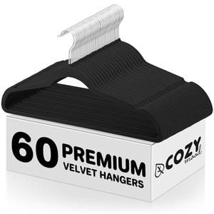 Cozymood Black Velvet Hangers 60 Pack, Non-Slip, Durable Clothes, Space Saving Suit Hangers, No Shed, 360 Rotating Hook
