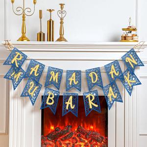 SmoothNovelty 2 Pcs Eid Ramadan Mubarak Banner Wooden Decoration Rustic Bead Muslim Party Decor Supplies for Home Fireplace Indoor Outdoor (Blue Chip)