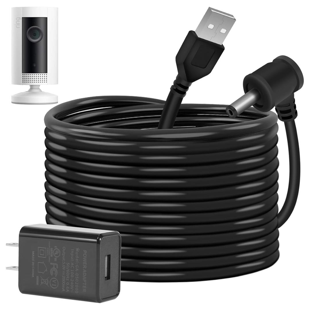 Charge Cords 30ft for Ring Weatherproof Indoor Outdoor Charging Cable with Quick 2Amp Power Adapter for Ring Stick Up Cam Battery 3rd Gen/ 2nd Gen & Spotlight Cam Battery (Black, 1 Pack)