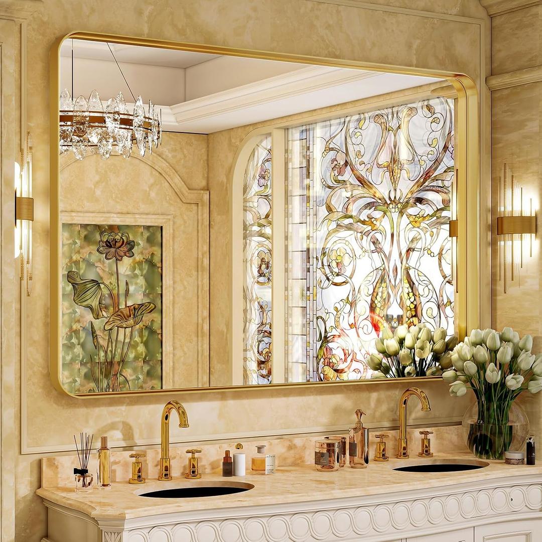 Bathroom Mirror 30x48 inch, Gold Gorgeous Deep Frame Wall Mirror, Modern Round Corner Bathroom Vanity Mirror for Bedroom, Living Room, Hanging or Leaning Horizontal or Vertical, Gold
