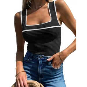 Women's Square Neck Tank Top Knit Ribbed Basic Tops Summer Casual Y2K Color Block Sleeveless Cami Tank Tops (Black, Size S)