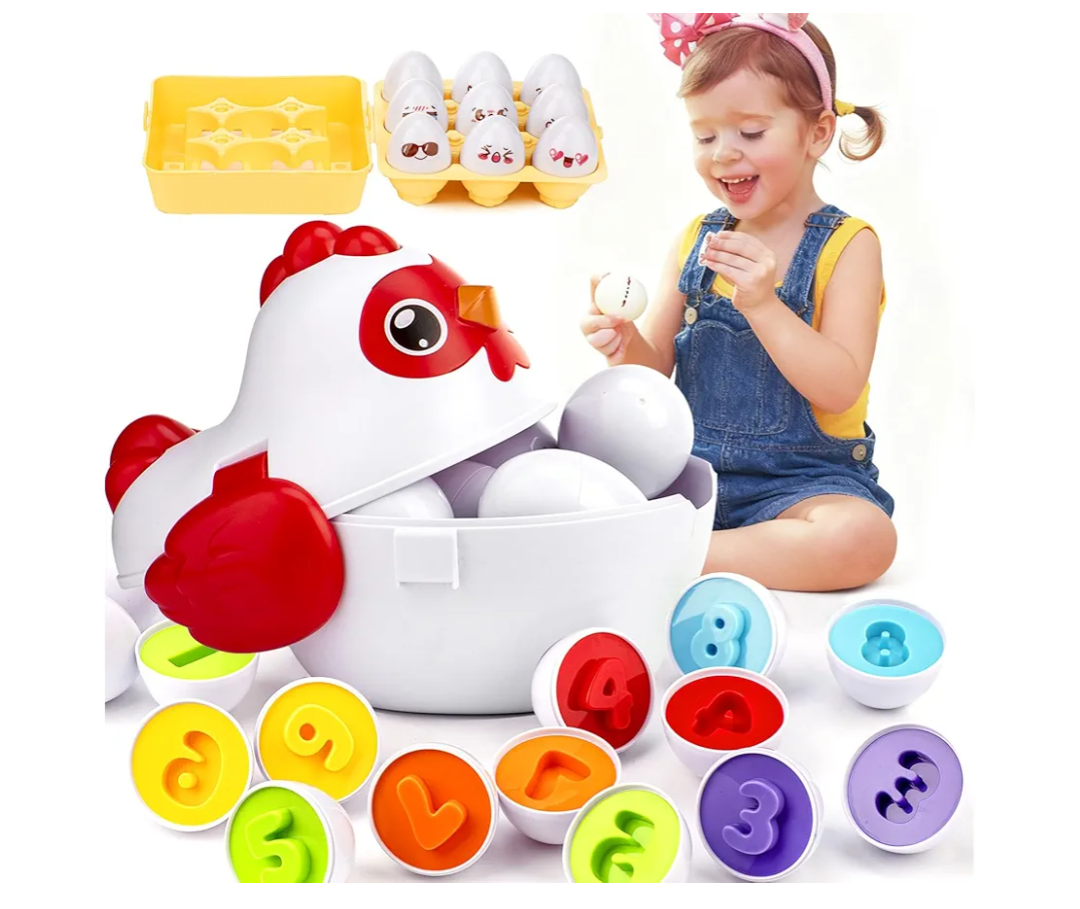 Easter Egg Matching Game, 24-Piece Easter Basket Stuffers for Kids, Color Shape Number Recognition Educational Toddler Toys, Chicken Storage Box Preschool Learning Toy for Boys Girls