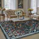 5x7 Washable Blue Floral Area Rug for Living Room Large Non-Slip Soft Rug for Playroom Vintage Low Pile Stain Resistant Carpet for Bedroom Kitchen Office Dining Kids Room