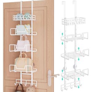 HapiRm Over Door Purse Organizer - Adjustable Purse Storage Rack with Bags Design Metal Basket, Wall Mounted Handbag Organizer, Hanging Handbag Holder, Can Use As 1/2 Part Detachable, White (5-Tier)