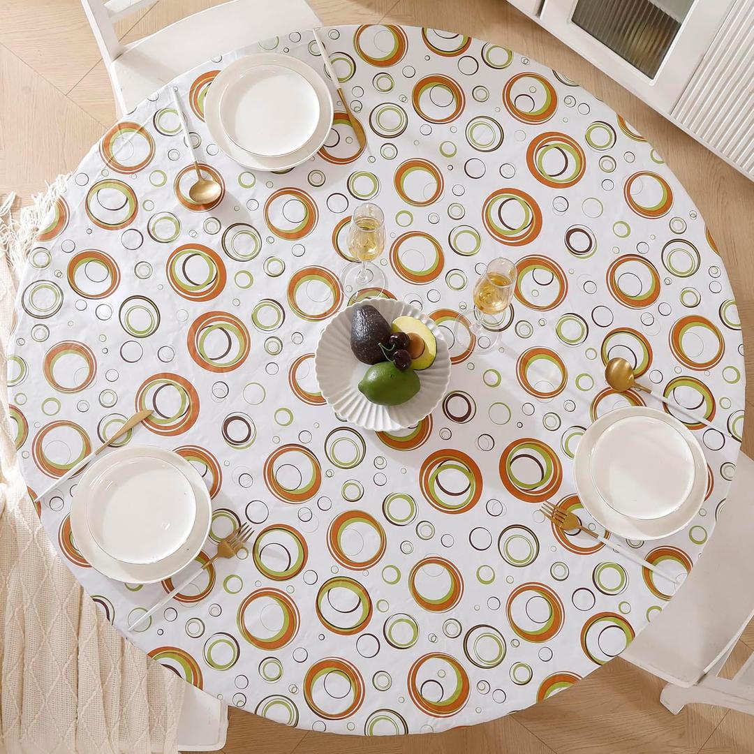 Round Vinyl Fitted Tablecloth with Flannel Backing Elastic Edge Design Table Cover Waterproof Oil-Proof PVC Table Cloth Stain-Resistant Best for 32"-36" Round (Circle)