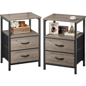 Huuger Night Stand with 2 Drawers, Bed Side Table with Open Shelf, Wooden Top, Nightstand for Bedroom, End Table for Small Space, Fabric Drawer