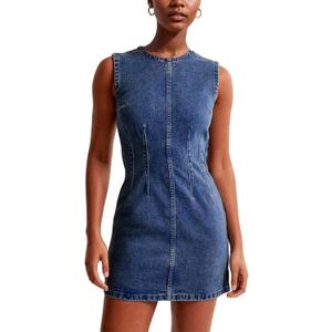 Daacee Women's Sleeveless Bodycon Denim Mini Dress Sleeveless Waist Tucks Zipper Short Tank Jean Dresses Concert Outfits (Blue, M)