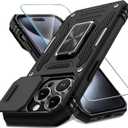 DEERLAMN Case for iPhone 15 Pro with Slide Camera Cover+Screen Protector (1 Pack), Rotated Ring Kickstand Military Grade Shockproof Protective Cover 6.1 Inch-Black