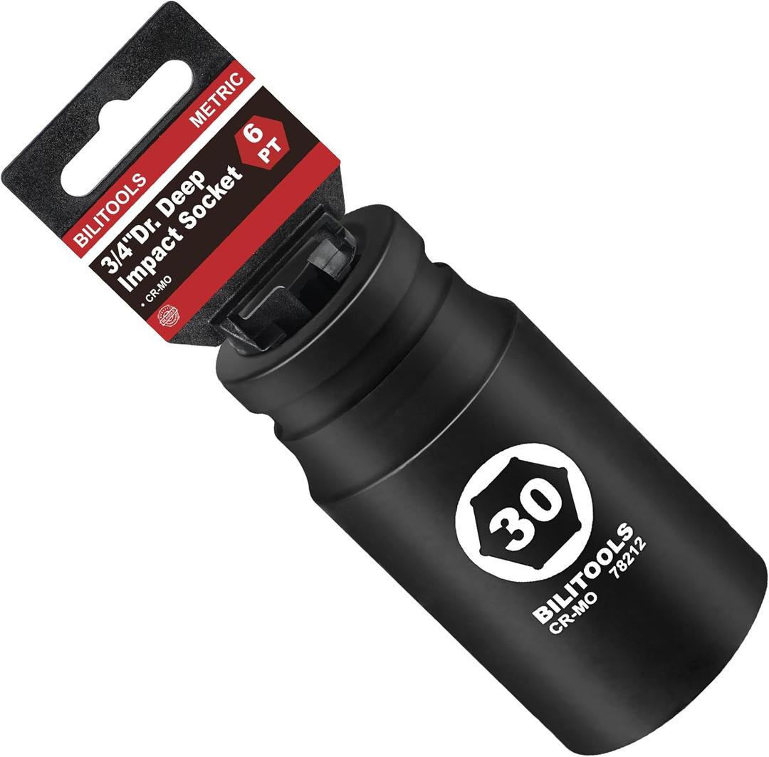 BILITOOLS 3/4" Drive Deep Impact Socket 30mm, Metric, CR-MO Steel, 6 Pt. Impact Grade Heavy Duty Large Axle Nut Socket