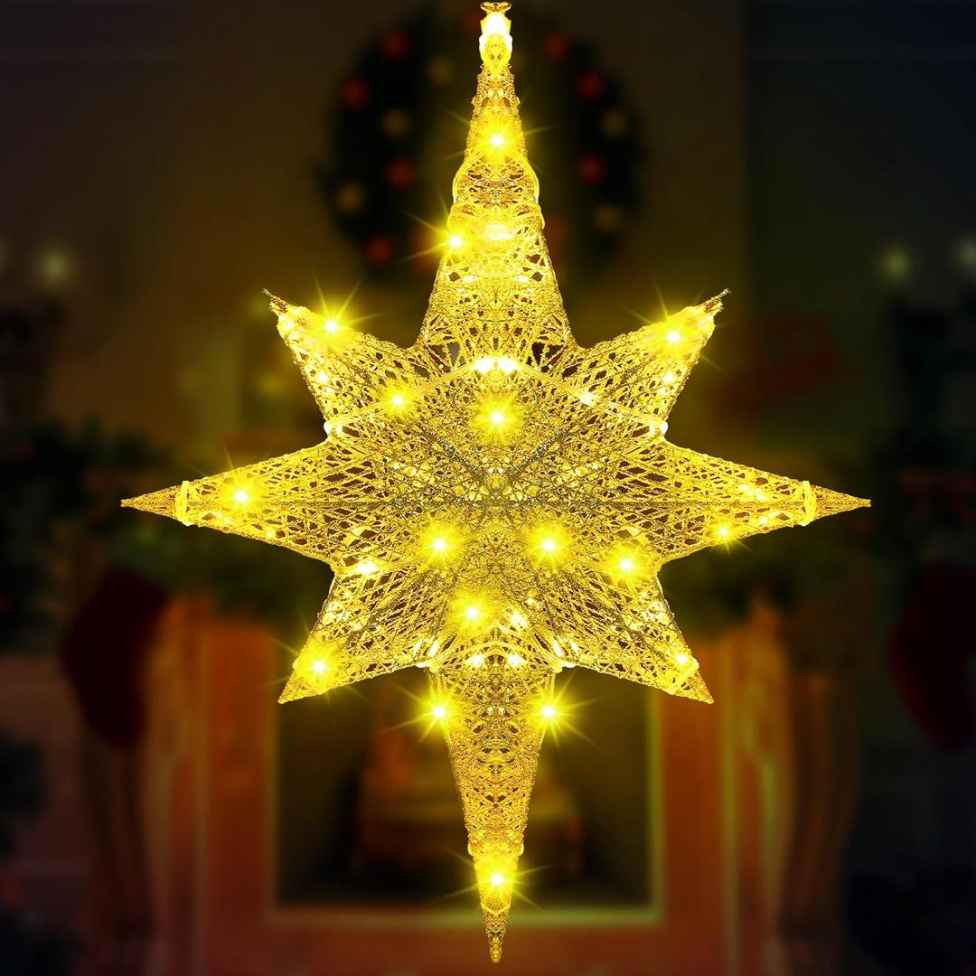 Retisee 24 Inch Lighted Christmas Glitter Bethlehem Star Large LED Outdoor Christmas Lights Outdoor Lighted Hanging Star for Yard Porch Festival Xmas Holiday Nativity Wedding Party(Gold)