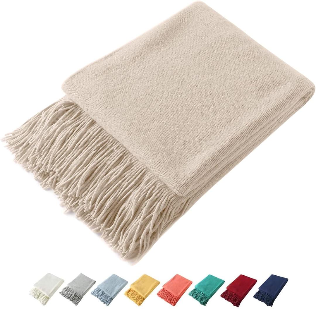 Homiest Decorative Knitted Throw Blanket with Fringe, Lightweight Acrylic Knit, Soft & Cozy Tassel Blanket for Couch, Sofa, Bed (Beige, 50 x 60 Inch)