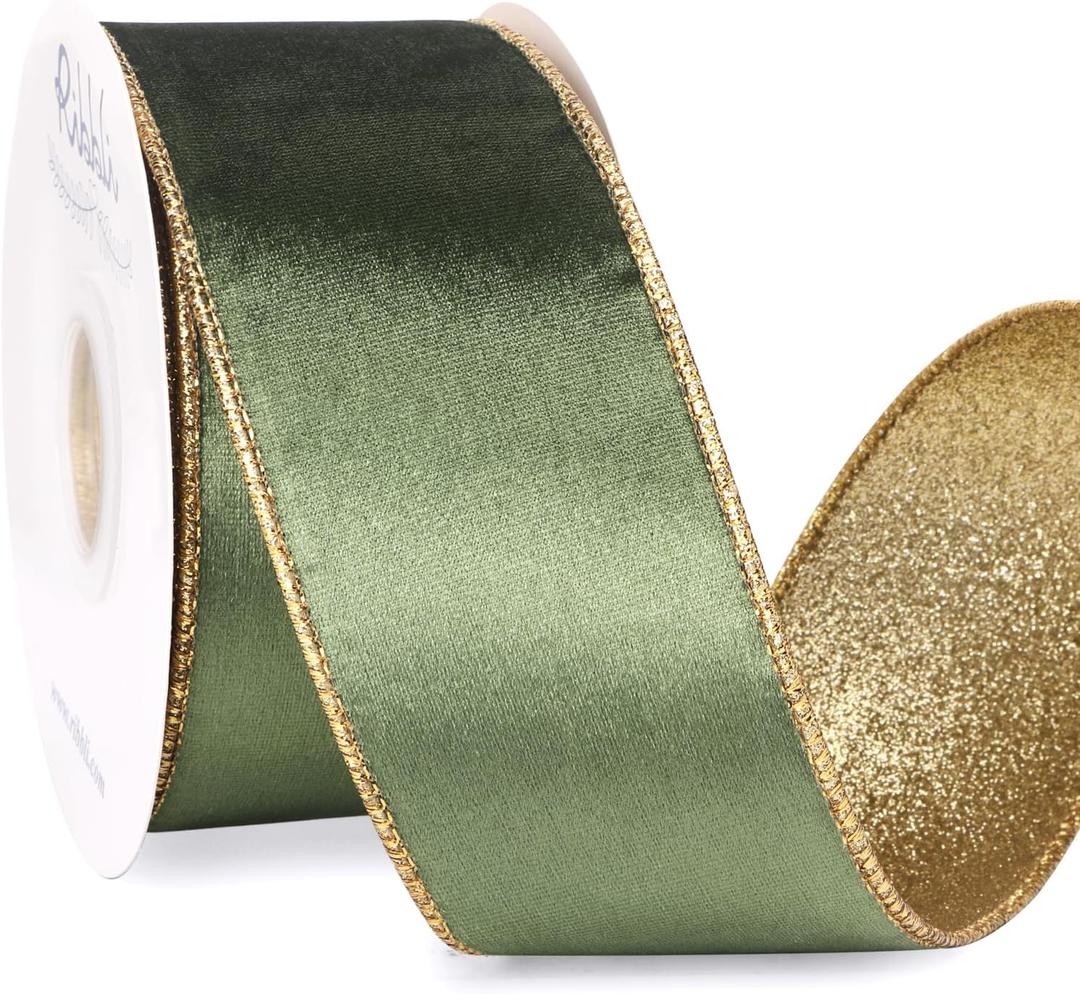 Ribbli Sage Green Velvet Ribbon Wired 2.5 Inch Glossy Velvet with Gold Glitter Christmas Ribbon for Christmas Tree Decoration Big Bow Gift Wrapping Crafts Wreaths Supplies - Continuous 10 Yards