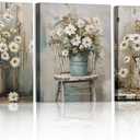 MotiMind 3 Pcs Daisy Bathroom Wall Decor Rustic Farmhouse Pictures Wall Decor Canvas Soothing Calming Nature Botanical Vintage Floral Country Prints Spring Summer for Bedroom 9. 84x7. 87''