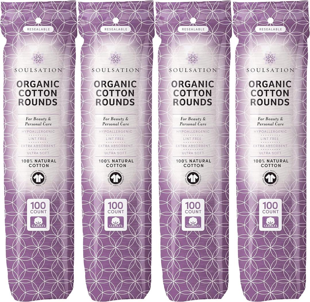 SoulSation Organic Cotton Rounds, 400 Count - Makeup Remover Pads for Face, Lint-Free