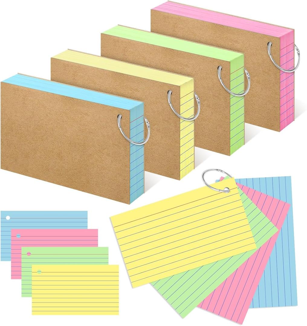 Colored Index Cards 3x5 Inch Heavyweight Flash Cards with Ring Lined Flashcards Note Cards for Studying School Supplies College, 100 Count