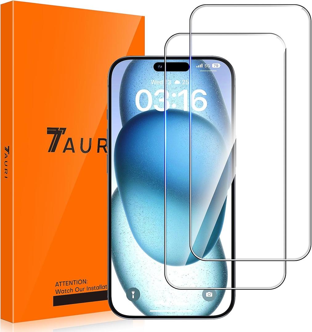 TAURI 2 Pack for iPhone 15/iPhone 15 Pro Screen Protector Tempered Glass, Sensor Protection, Dynamic Island Compatible, Case Friendly, 6.1"