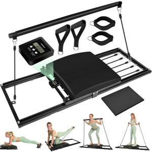 Pilates Board, Foldable Pilates Reformer Set, Multi-Purpose Iron Extended Pilate Equipment, 7-in-1 Pilate Machines for Home Use, with Pilates Bar, Resistance Bands, Timers