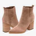 Imily Bela Womens Ankle Boots Pointed Toe Chunky Stacked Mid Heeled Faux Suede Leather Booties (8.5, Khaki)