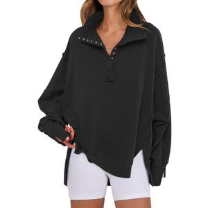ANRABESS Women's Sweatshirts Oversized Casual Loose Button Up Henley Pullover Top High Low Split 2025 Fall Fashion Outfits (Black, Small)