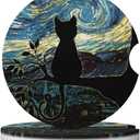 2 x Aesthetic Black Cat Car Coasters for Cup Holders,2 Pack Car Cup Holder Coasters for Car,Ceramic Absorbent Car Coaster with A Finger Notch and Cork Base,Car Interior Accessories for Women Men