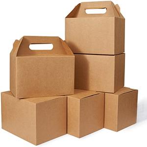 Happyhiram 25 CT 9x6x6 Large Box Lunch Boxes Cardboard Paper with Handles Kraft Brown, Gable Gift Boxes Party Favor Boxes Barn Style Carry Out Box Recyclable Packaging Boxes for Food Cookies Baby