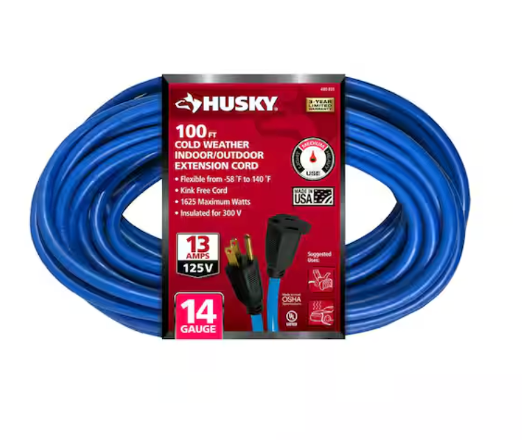 Husky 14 Gauge Cold Weather Indoor-Outdoor Extension Cord, 100 ft, Blue