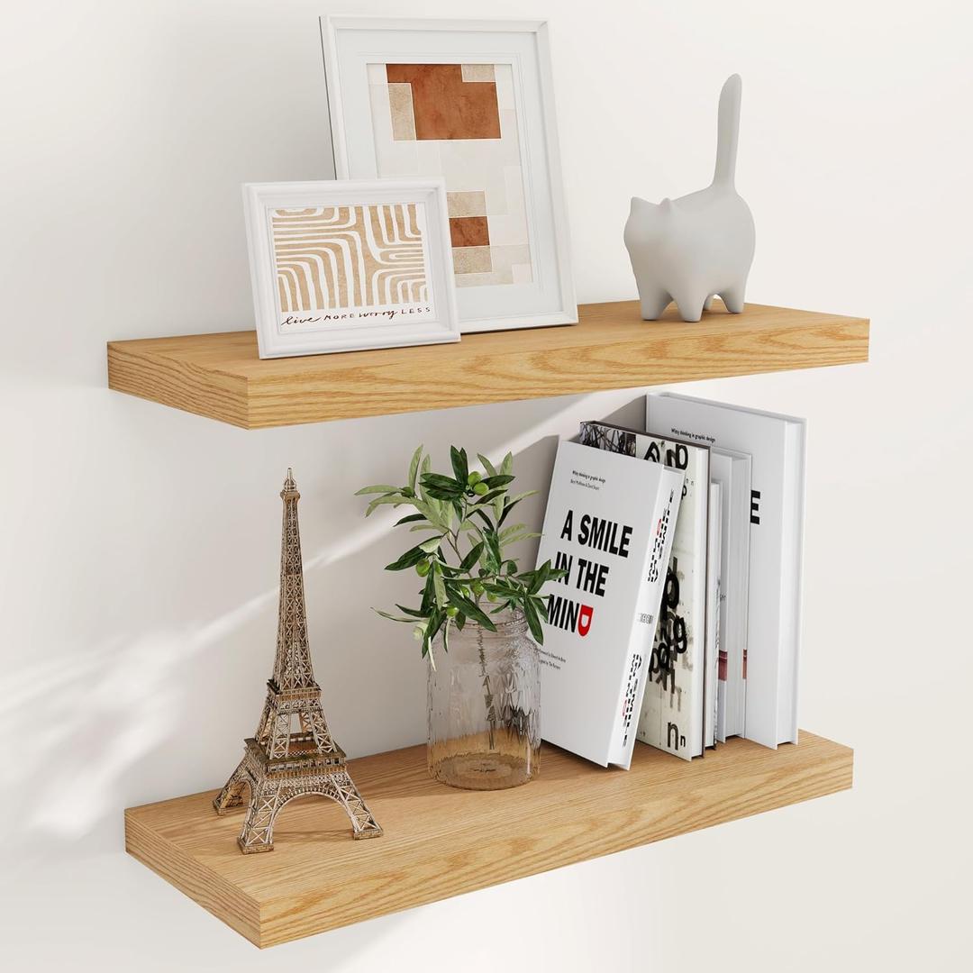 Fun Memories Deep Floating Shelves, 9.3 Inch Deep Rustic Floating Shelves Set of 2, 24 Inch Large Oak Wood Wall Mounted Shelves for Books Living Room Laundry Room Bedroom Kitchen Home Office