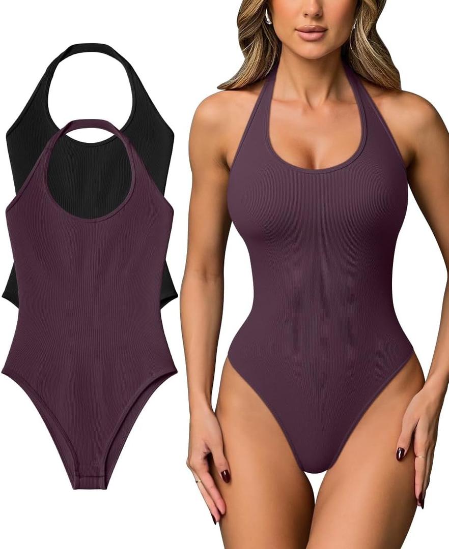 OQQ Women Halter Neck Bodysuits 2 Pack Sleeveless Shapewear One Piece Leotard Shirt Going Out Tops, XL