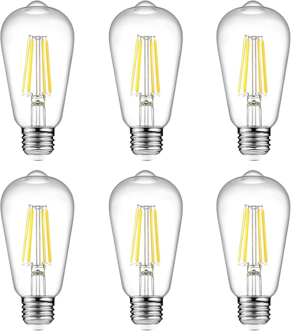 Ascher Vintage LED Edison Bulbs, 6W, Equivalent 60W, Non-Dimmable, High Brightness Cool White 4000K, ST58 Antique LED Filament Bulbs with 80+ CRI, E26 Medium Base, Clear Glass, Pack of 6  Cool White 4000k, 6 Count (Pack of 1)