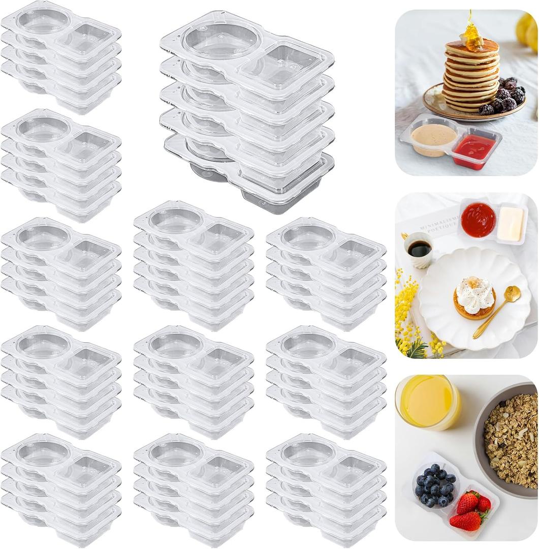 Double Compartment Condiment Container with Lids, Mini Plastic Snack Containers,BPA Free,Microwave Safe,Leakproof Food Storage, To Go Food Containers,Take Out Sauce Container (100)