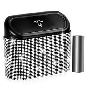 NBTEPEM Bling Car Garbage Can with Lid, Mini Auto Garbage Can with 30 Garbage Bags, Leakproof Automotive Garbage Container Bin, Bling Car Accessories Garbage Can for Women (Silver Diamond)