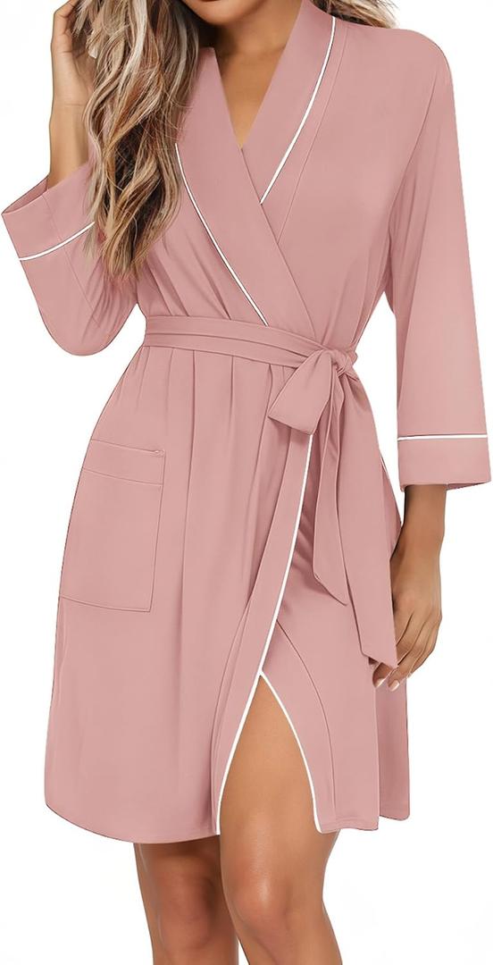 Ekouaer Women Robes Shawl Collar Bathrobe Short Kimono Robe Soft Knit Bathrobes Ladies Sleepwear with Pockets (Pink, S)
