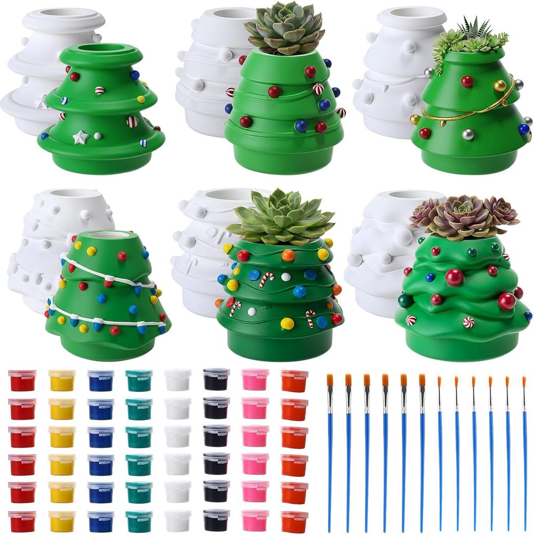 Vesici 6 Sets Christmas Paint Your Own Succulent Planter Ceramic Mini Unpainted Flower Pots Xmas Trees DIY Paintable Bisque Gift for Winter Holiday Craft Project Activity Party Favor