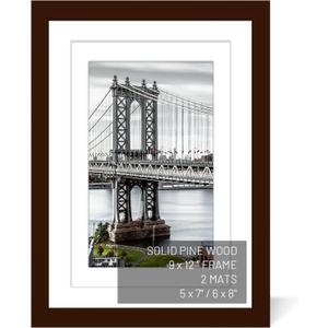 9x12 Picture Frames Solid Wood Display Pictures 6x8 or 5x7 with Mat, 9x12 Frame without Mat for Wall Mounting or Table Top (Brown)
